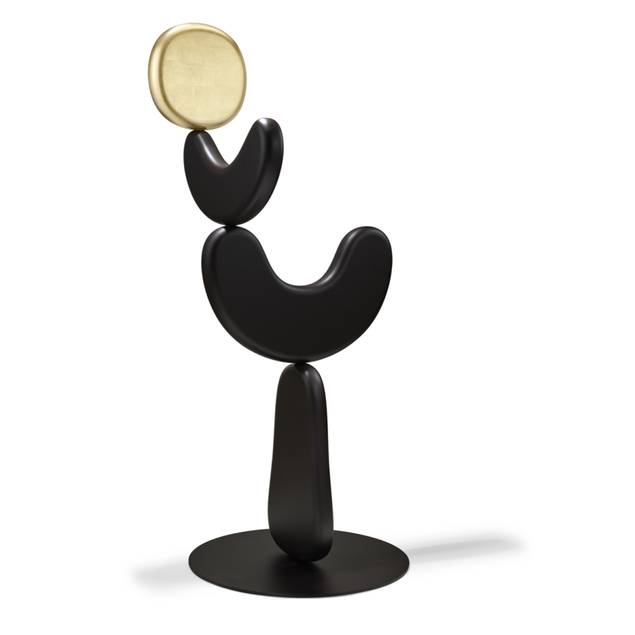 APUKALUPSIS by philippe cramer miraculously balancy sculpture in black and gold like the sun