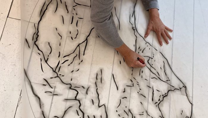 Philippe Cramer creating the drawing for a Golden Landscape Creating a view of the Weisshorn for the Golden Landscape gold embroidery on cotton unique piece.